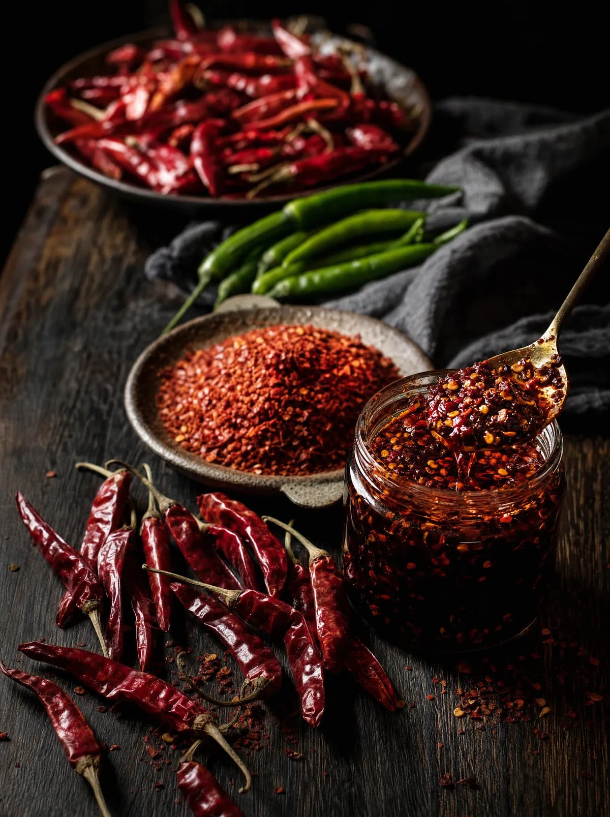 Verschiedene Chilipasten und scharfe Zutaten aus drei Ländern