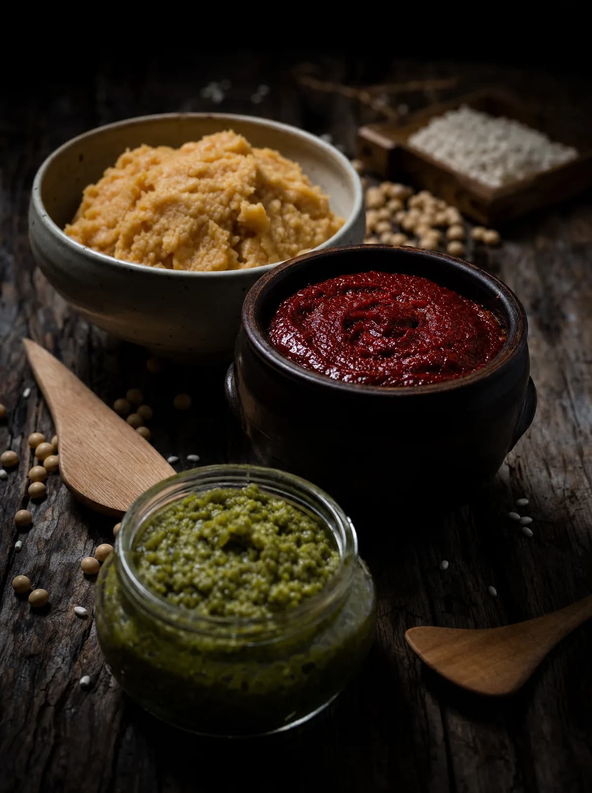 Schalen mit fermentierten Pasten und Saucen — Miso, Gochujang und Yuzu Kosho