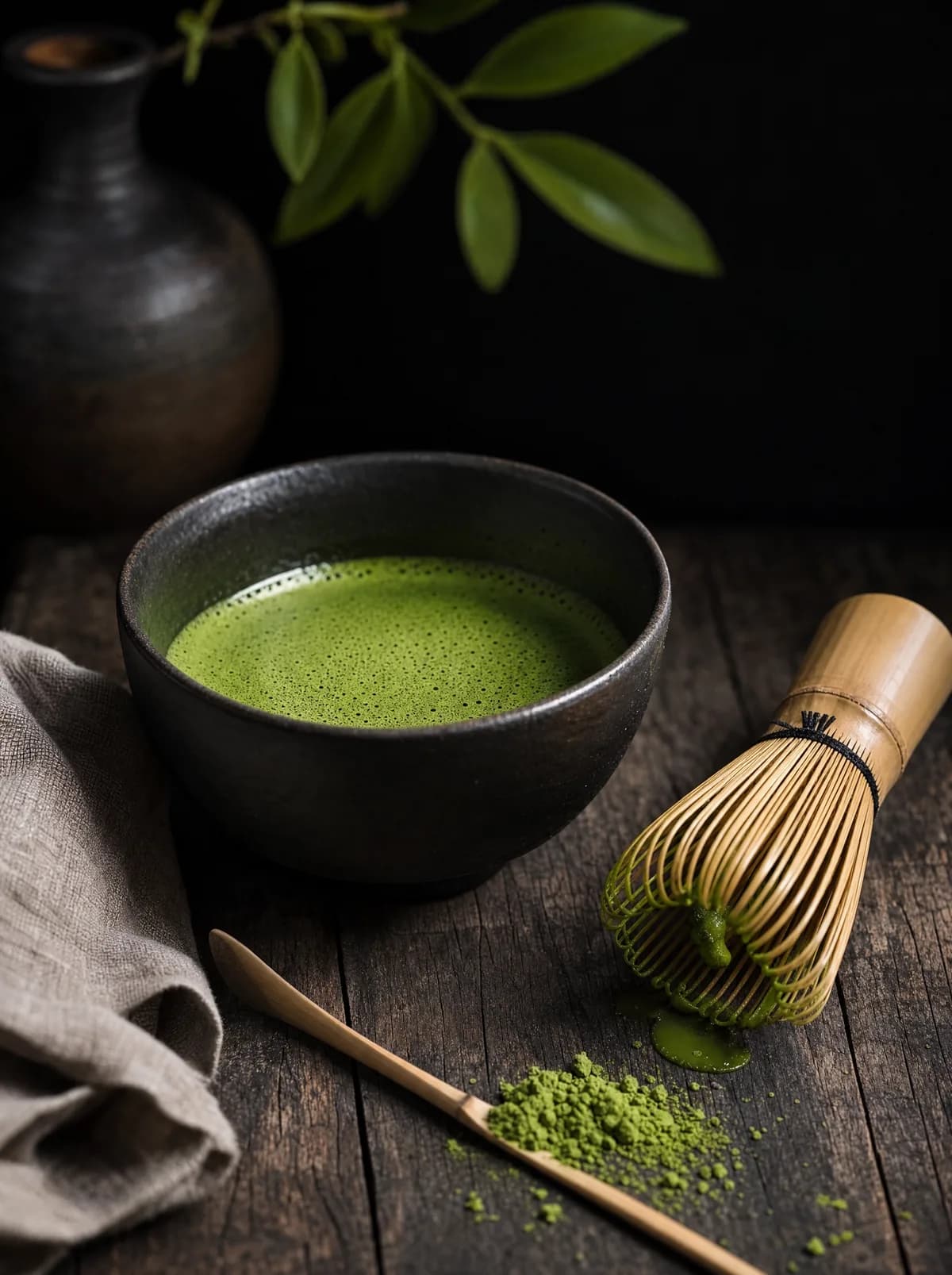 Steinvermahlener Matcha-Tee aus Uji mit Schale und Bambusbesen